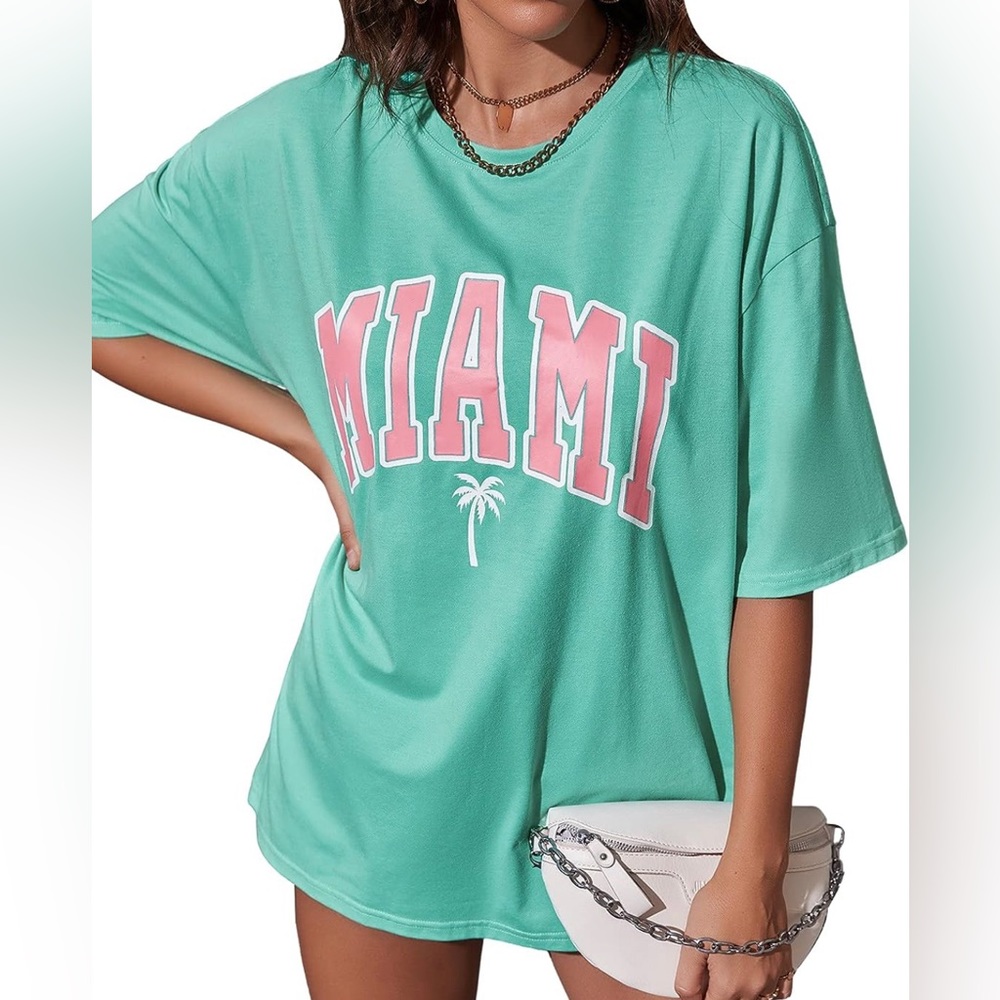 Women's Turquoise Pink & White Miami Letter Graphic Oversized Loose Tee, Size XL